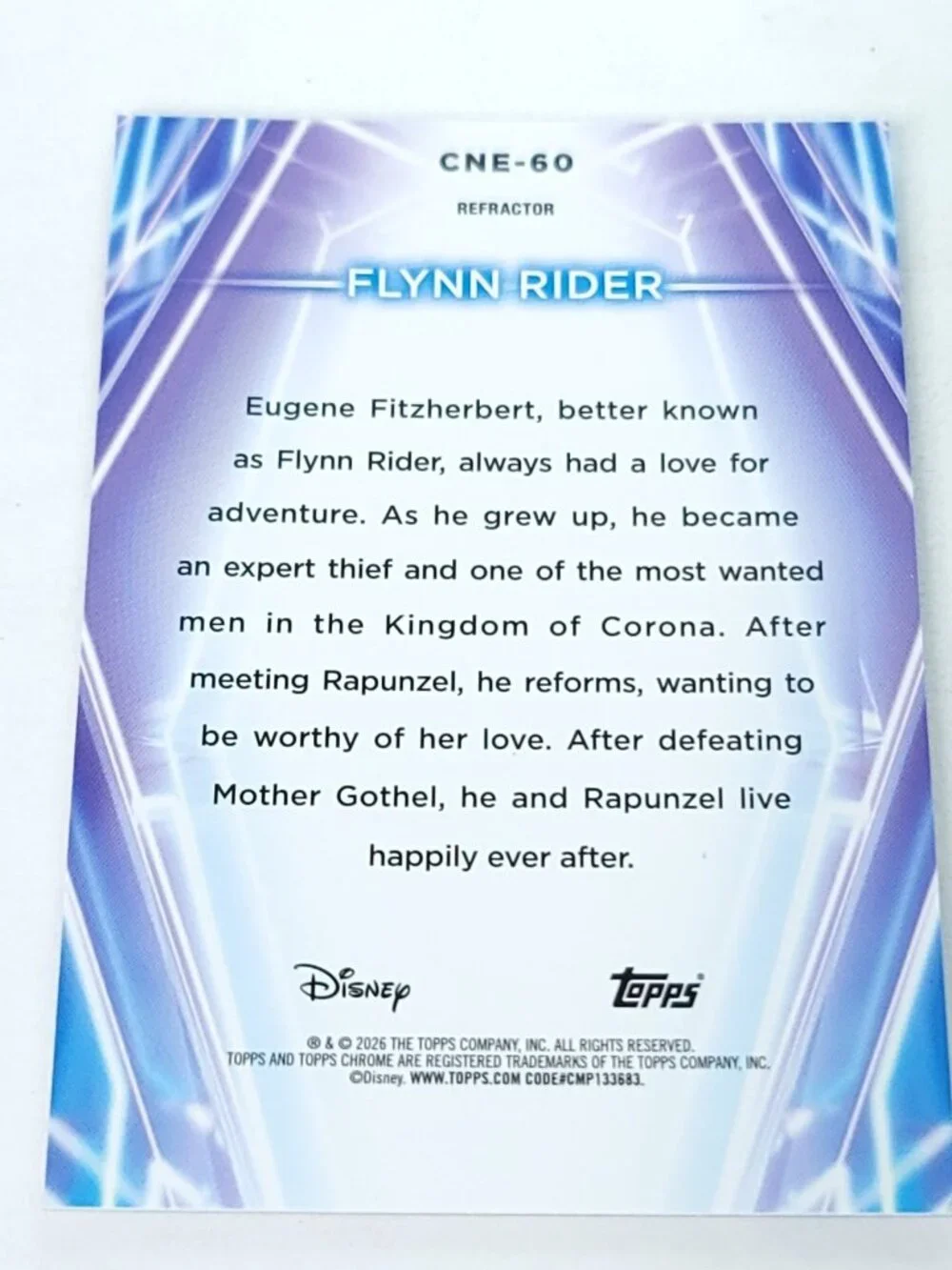 Flynn Rider Topps 2026 Disney Neon Holo Chrome Refractor Limited 197/199 CNE